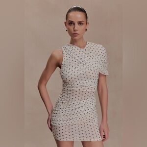 NWT Meshki Adrienne One Shoulder Mesh Mini Dress - Polka Dot